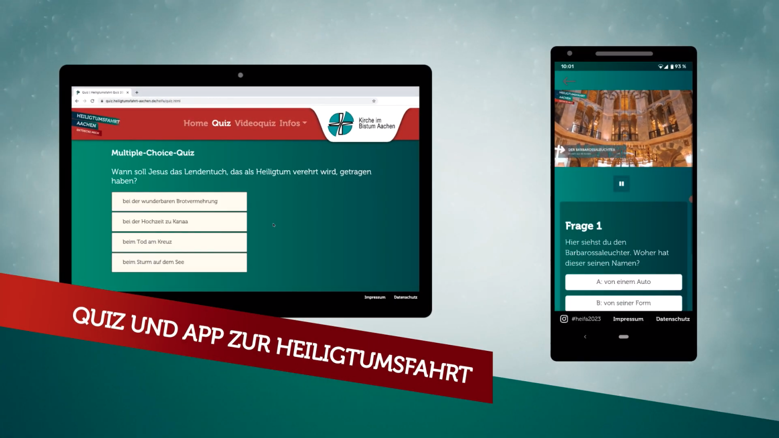 Quiz und App zur Heiligtumsfahrt. Ein Tablet und ein Handy im Hintergrund. Beide zeigen die Quiz-Website.